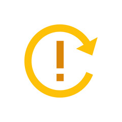 Poster - an orange exclamation mark inside a circular arrow indicating a warning or refresh process icon desi
