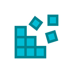 Poster - A teal geometric structure with square blocks and several detached floating square shapes around it design