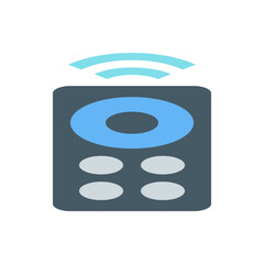 Poster - Illustration of a dark gray remote control with light blue wifi signal and circle button design on white