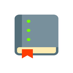 Poster - Illustration of a gray book with rounded corners, a bookmark, and three green circles on the cover