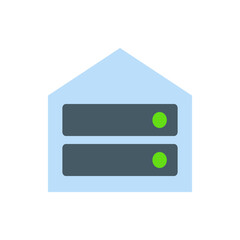 Poster - Illustration of a light blue house shape containing two dark gray rectangles with green circles on each one