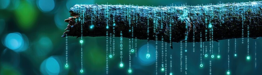 Poster - A tree branch covered in glowing green digital lines