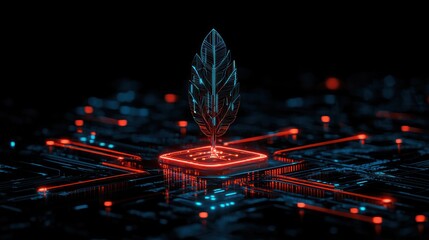 Poster - A glowing neon feather symbol positioned over a circuit board