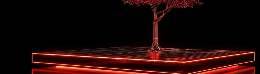 Poster - A rendered red glowing tree stands on an illuminated platform