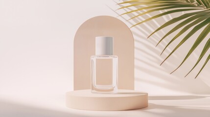 Poster - A perfume bottle rests on a circular stand with palm leaves