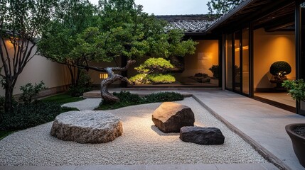 Poster - Serene Japanese garden features rocks and unique trimmed trees