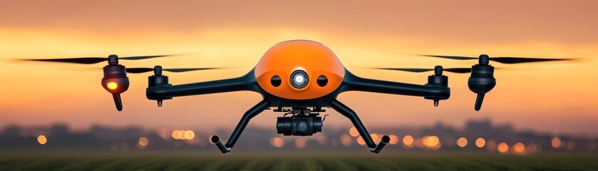 Aufkleber - An Orange Drone Hovering in the Sky During Sunset with Blades Turning