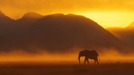 Fototapete - An elephant walks across a landscape during a beautiful sunset