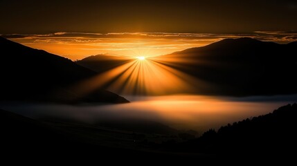 Fototapete - The radiant sun shining behind mountains during golden sunrise time