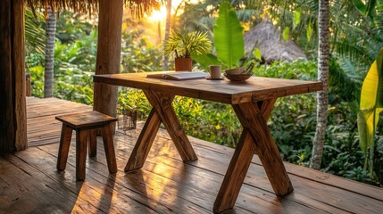 Aufkleber - A wooden desk and chair are outside in a green lush environment