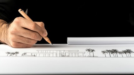 Aufkleber - A hand drawing a house sketch with trees on paper