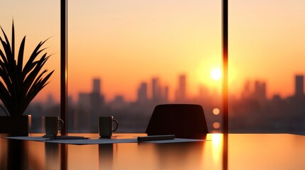 Poster - Modern office interior with cityscape and beautiful sunset view