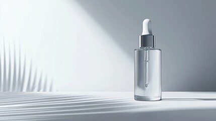 Poster - A single clear glass bottle with a dropper on a table