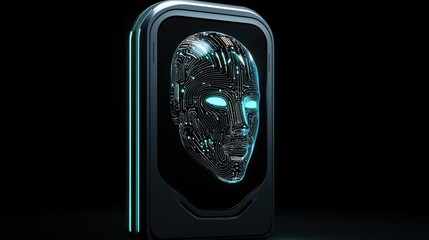 Poster - Digital face displayed on a dark electronic device with glowing lights