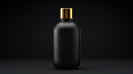 Poster - A black rounded bottle with a shiny gold cap on a dark background
