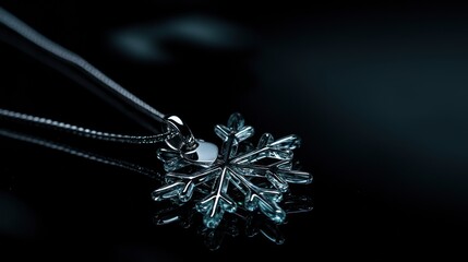 Poster - A delicate snowflake pendant necklace glistening upon a dark reflective surface