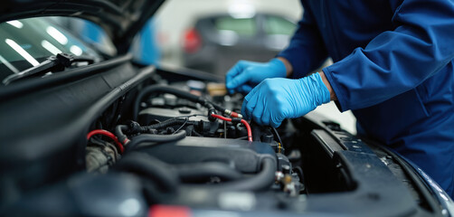 Poster - Mechanic repairs car engine, checks electrical system. Man in blue uniform, rubber gloves does diagnostic work in auto repair shop. Automotive maintenance concept.