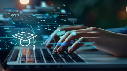 Aufkleber - A person's hands typing on a laptop with a virtual graduation cap , digital interface overlaid, showcasing the modern fusion of technology , education. Online learning, virtual education are depicted.