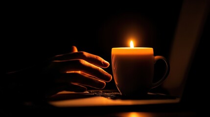 Poster - A lighted candle sits atop a coffee cup on a laptop