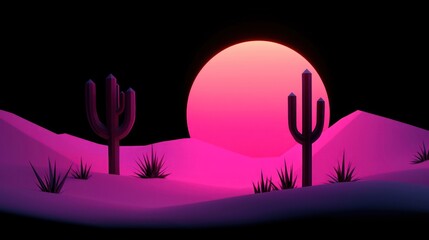 Poster - Digital desert scene with cacti and pink sunset over landscape