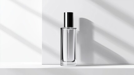 Poster - A single glass perfume bottle stands against a white background