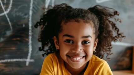 Poster - A cheerful young girl curly hair , bright yellow shirt smiles warmly front chalkboard, her face full joy , innocence. The setting evokes learning environment, creating heartwarming scene.