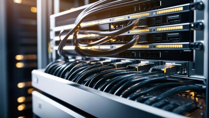 Poster - high-performance server rack network - close-up of a server rack with numerous cables and network co