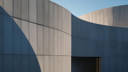 Poster - Modern Architectural Facade Detail - Sunlight illuminates a curved modern building's exterior, showcasing its sleek design and textured facade