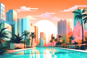 Poster - ピクセルアート様式の熱帯都市景観 ヤシの木と高層ビルが水面に反射する夕暮れの空 オレンジとピンクの鮮やかな背景