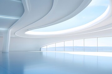 Poster - モダンな白い内装の抽象的な建築空間デザインと明るい日差しが差し込む窓の背景