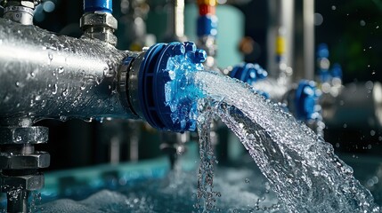 Poster - Water flowing through industrial pipes factory photography close-up dynamic engineering perspective