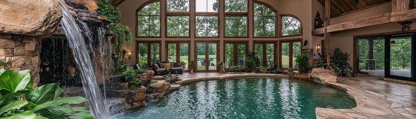 Poster - Luxury indoor swimming pool area with waterfall and large windows