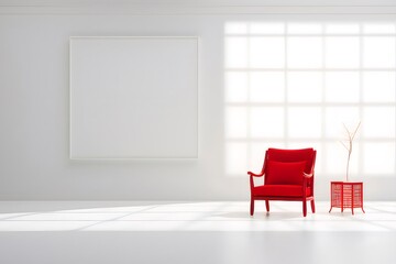 Poster - 赤い椅子と空白のキャンバスが特徴的な明るい白のミニマルな部屋のインテリア デザイン