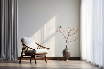 Aufkleber - 木製の椅子と花瓶と白いカーテンのあるミニマリストの部屋のインテリアデザイン