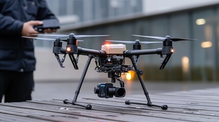 Poster - Drone operation showcase urban setting technology content modern environment aerial view innovative concepts