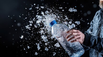 Poster - Explosive ice water bottle action studio setting high-speed photography dark environment close-up view visual impact