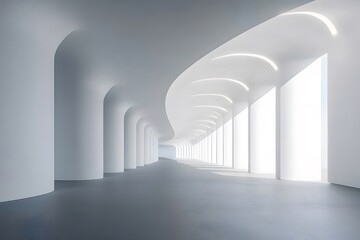 Poster - モダンな白い建築インテリア カーブした柱と明るい光が差し込む空間デザイン