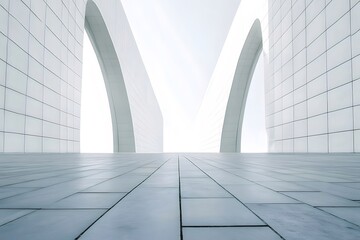 Poster - 抽象的な白い幾何学的建築構造のミニマルなデザインとアーチ型の壁面タイル床の都市景観