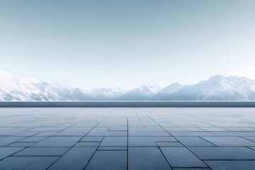 Aufkleber - 雪山とタイル張りの床のある広大な冬の風景 静けさと透明感のある背景