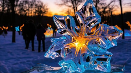 Poster - A Glowing Winter Snowflake Sculpture Stands In The Evening Scene