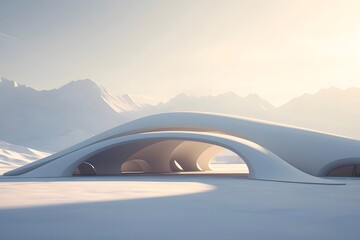 Aufkleber - 雪山の背景に白い抽象的な未来的な建物と冬の風景が広がる建築デザイン