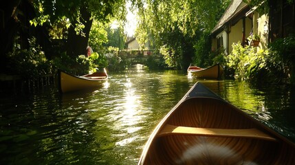 Aufkleber - Several canoes on a canal near a small stone bridge