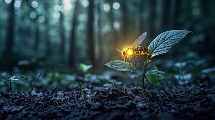 Wall Mural - Glowing firefly illuminates dark forest nature photography enchanted environment mystical viewpoint
