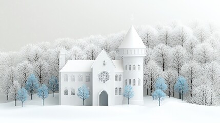 Poster - White Paper Building and Snowy Forest Landscape with Blue Accent Trees