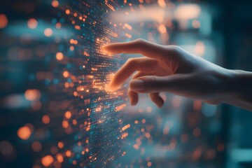 Aufkleber - オレンジと青の抽象的なデジタル空間に触れるぼやけた背景を持つ手 未来的な接続技術ネットワークデータと革新