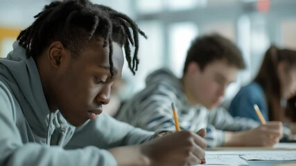 Poster - Students working diligently at their desks in a classroom. They are writing with pencils, deeply focused on their tasks. The scene exudes a sense of studiousness and concentration.