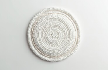 Aufkleber - Detailed close-up of white circular handcrafted woven textile artwork on white backdrop. Soft textile pattern consists of concentric circles. Concept for home decor design or eco-friendly fashion.