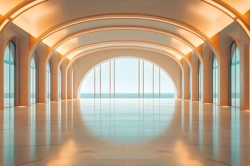 Aufkleber - 白いアーチ型の廊下と明るい反射床を持つミニマルなインテリアデザイン 海の背景 モダンな建築空間 光に満ちた建築