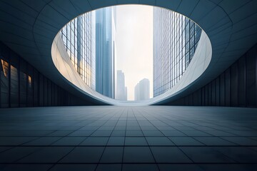 Poster - 抽象的な青灰色都市景観 現代的な建築物 ドットパターンの壁 未来的なデザインと屋内空間の描写