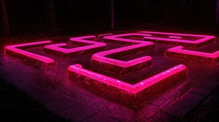Poster - A Glowing Neon Pink Maze Constructed On A Dark Ground Surface